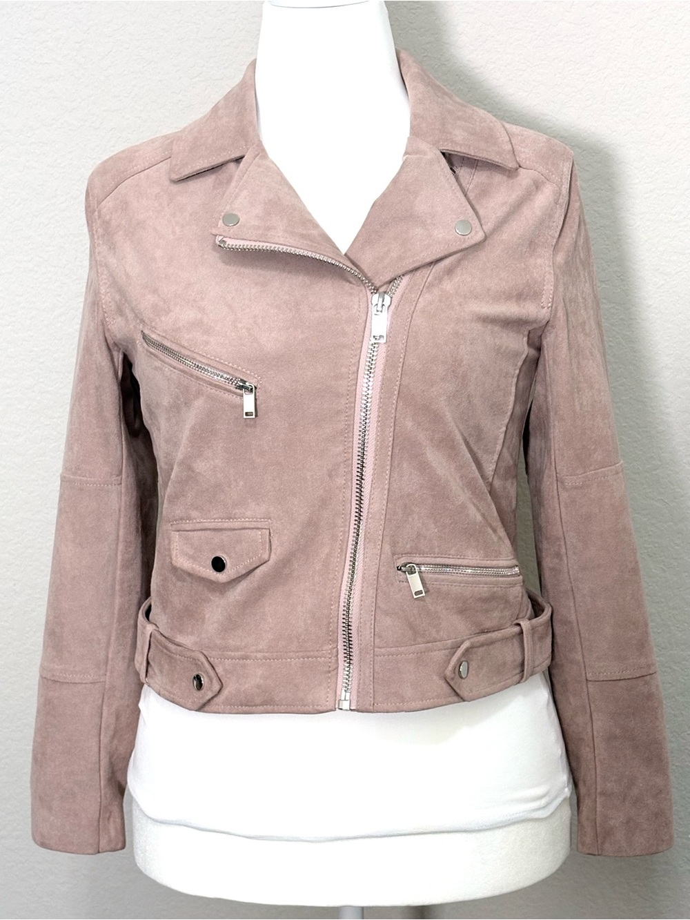 H&M Faux Suede Cropped Dusty Rose Moto Jacket Size 10
